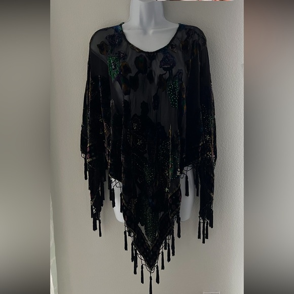 Black Floral Poncho with Fringe - Picture 1 of 12